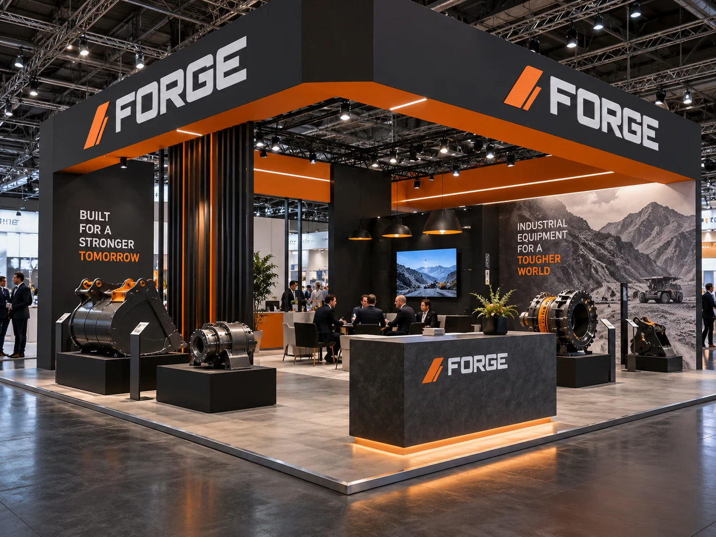 FORGE · Industrial equipment — Fictional client booth concept. Click to enlarge.
