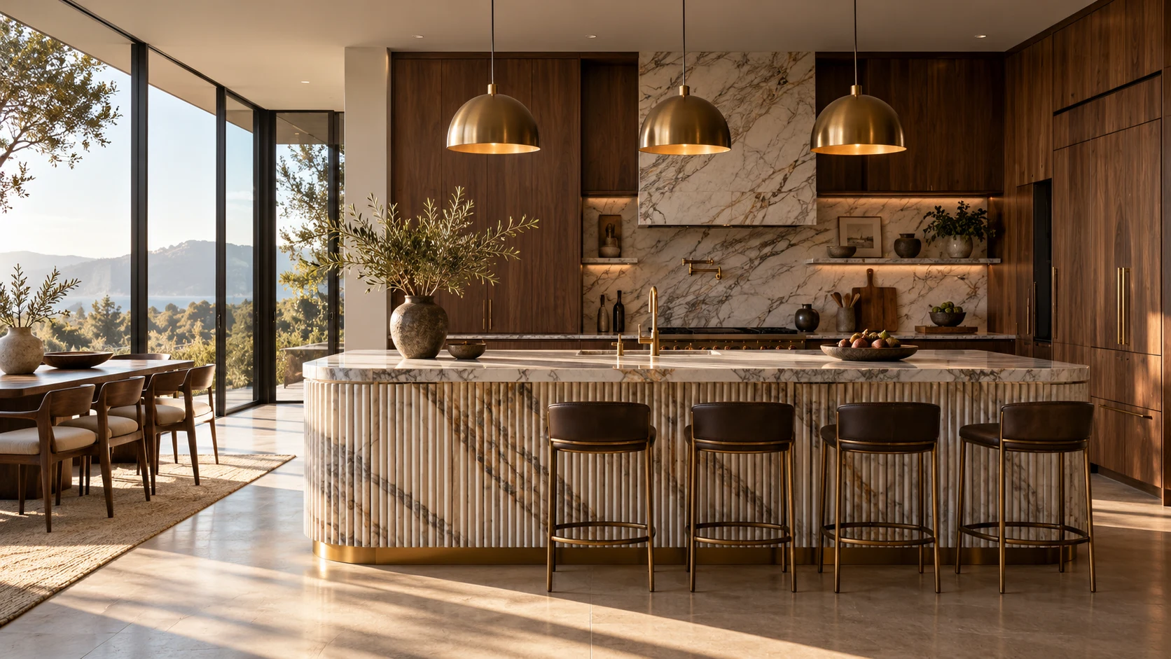 Design concept of a walnut kitchen with a fluted marble island